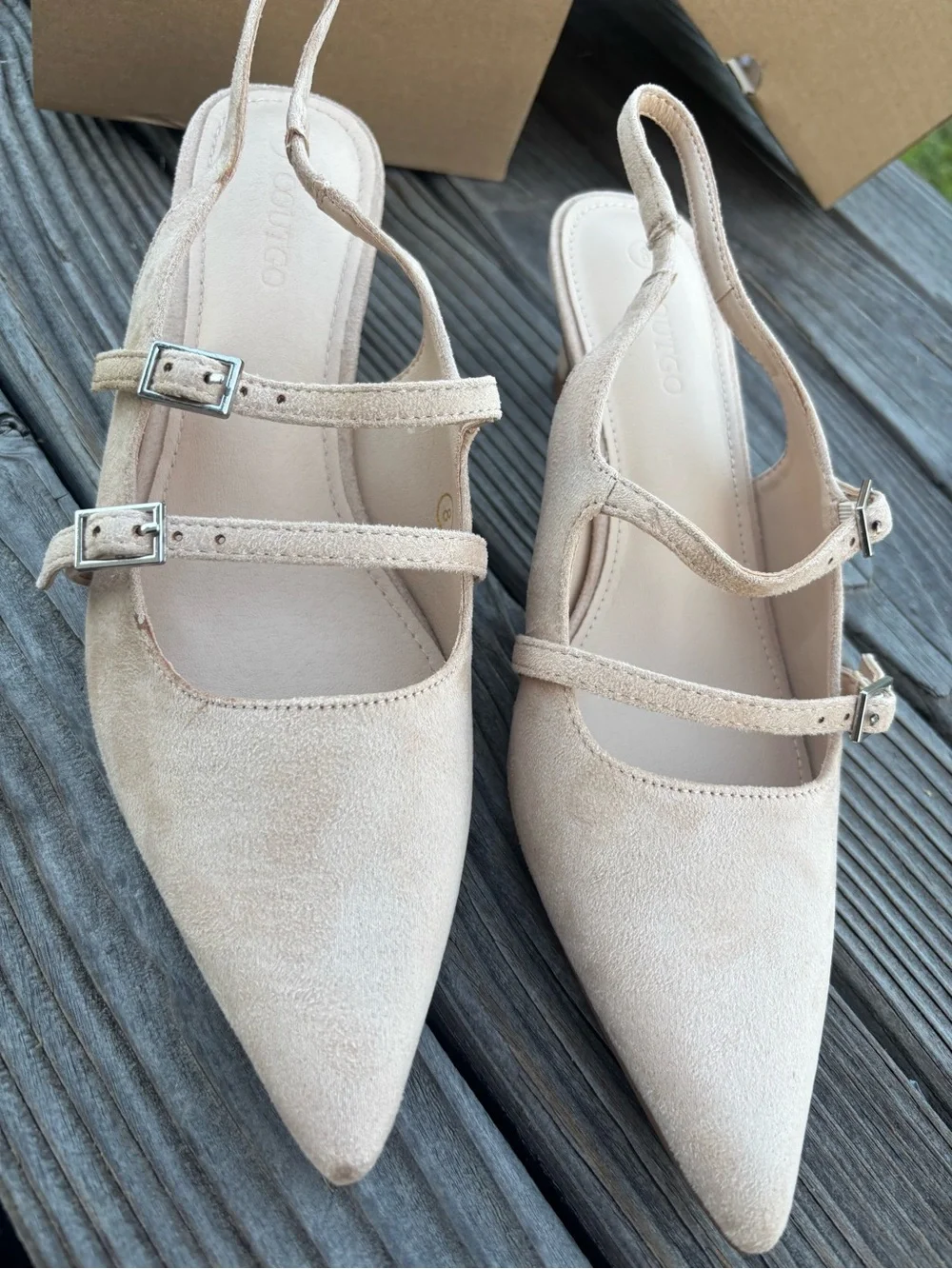 Pointed-Toe Slingback Pumps in Beige with Double Buckle Straps